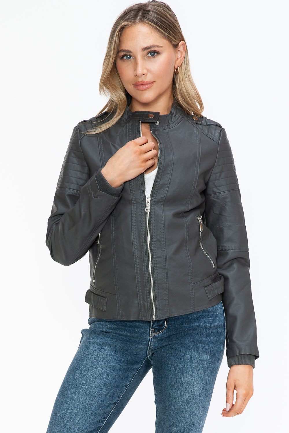 Snobbish PU Leather Biker Jacket with Side Zip Pockets - All Mine Now Clothing