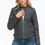 Snobbish PU Leather Biker Jacket with Side Zip Pockets - All Mine Now Clothing