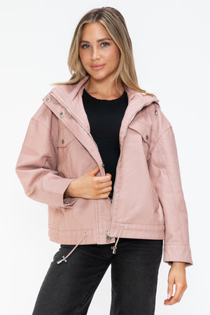 How Dare U Drawstring Hem PU Leather Zip Up Jacket - All Mine Now Clothing