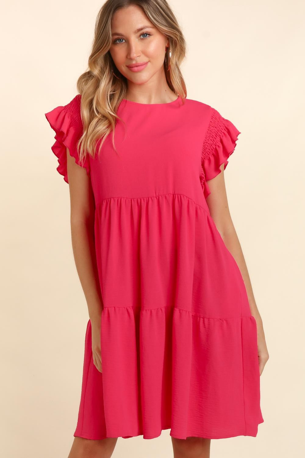 Haptics Full Size Smocking Ruffle Short Sleeve Dress with Pockets - All Mine Now Clothing