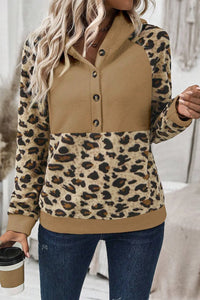 Leopard Half Button Long Sleeve Hoodie - All Mine Now Clothing