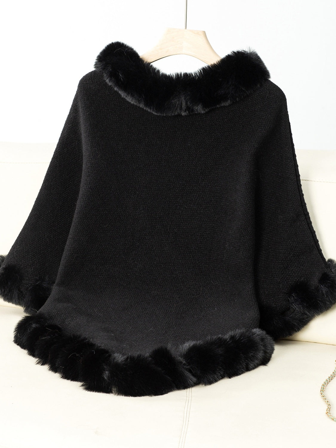 Fuzzy Trim Texture Three-Quarter Sleeve Poncho - All Mine Now Clothing