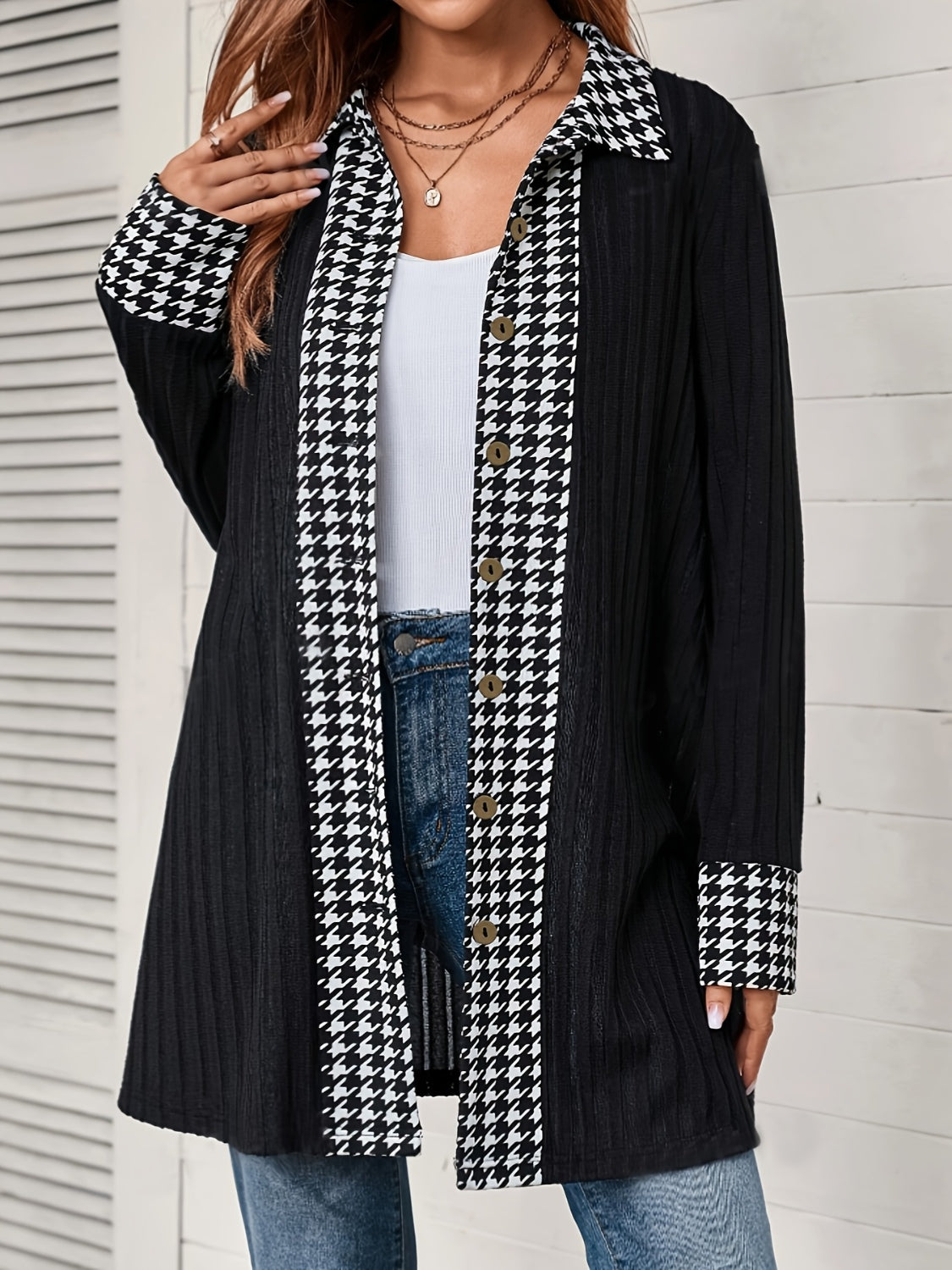 Houndstooth Button Up Long Sleeve Cardigan - All Mine Now Clothing