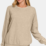 Zenana Washed Round Neck Dropped Shoulder Sweatshirt - All Mine Now Clothing