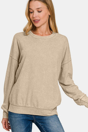 Zenana Washed Round Neck Dropped Shoulder Sweatshirt - All Mine Now Clothing