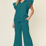 Double Take Texture Ruffle Short Sleeve Top and Drawstring Wide Leg Pants Set - All Mine Now Clothing