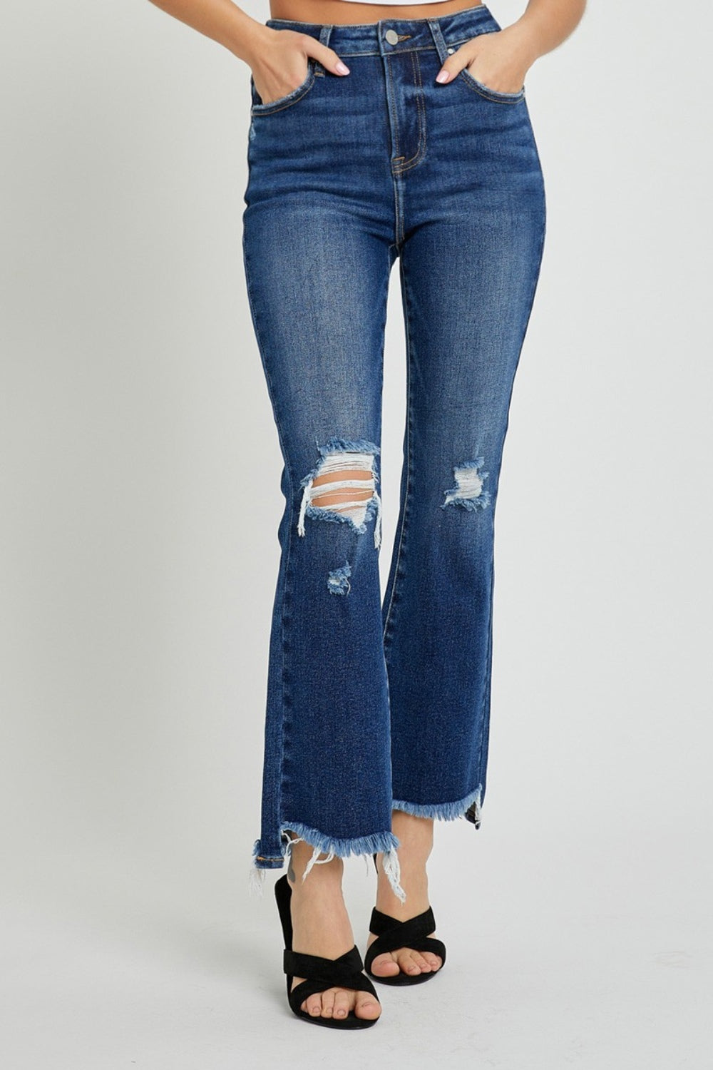 RISEN High Rise Distressed Crop Flare Jeans - All Mine Now Clothing