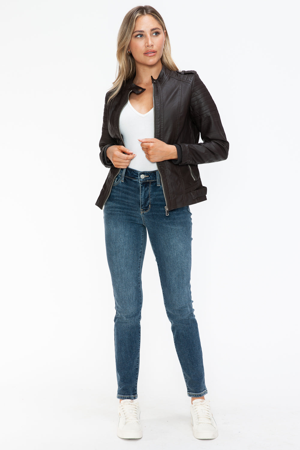 Snobbish PU Leather Biker Jacket with Side Zip Pockets - All Mine Now Clothing