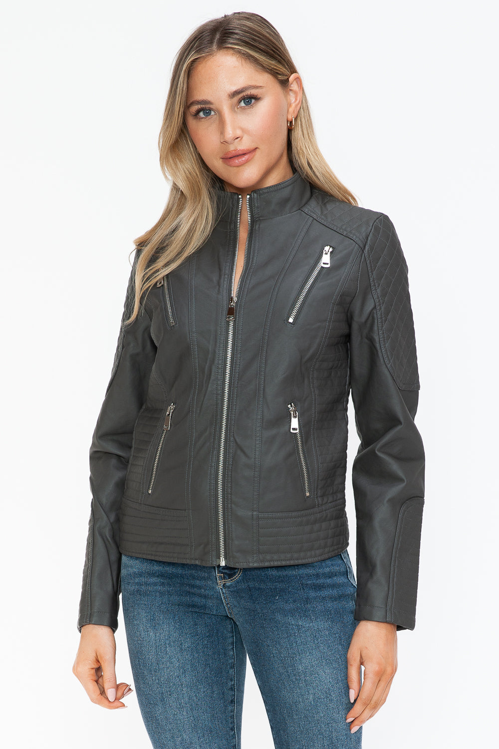 Snobbish Faux Leather Zip Up Mock Neck Jacket - All Mine Now Clothing