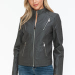 Snobbish Faux Leather Zip Up Mock Neck Jacket - All Mine Now Clothing