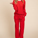 Super Lady Full Size Crinkle Check Round Neck Top and Pants Lounge Set - All Mine Now Clothing