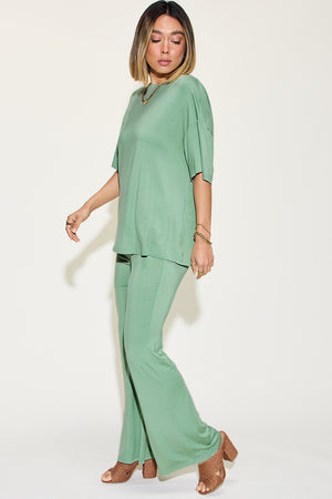 Basic Bae Full Size Bamboo Drop Shoulder T-Shirt and Flare Pants Set - All Mine Now Clothing