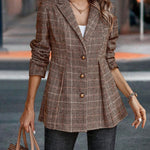 Plaid Button Up Blazer with Lapel Collar Trendsi