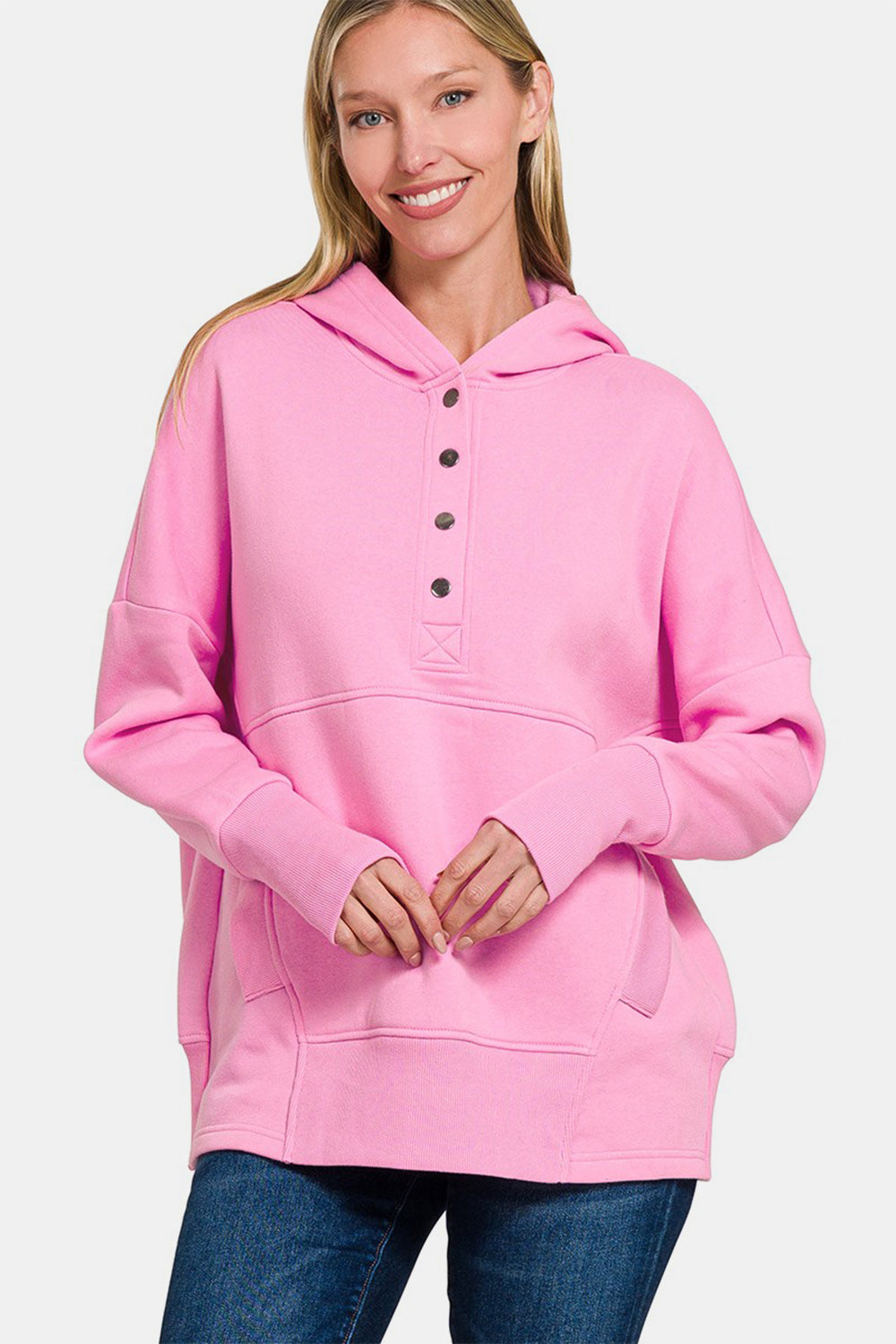 Zenana Half Snap Long Sleeve Hoodie with Kangaroo Pocket - All Mine Now Clothing