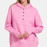 Zenana Half Snap Long Sleeve Hoodie with Kangaroo Pocket - All Mine Now Clothing