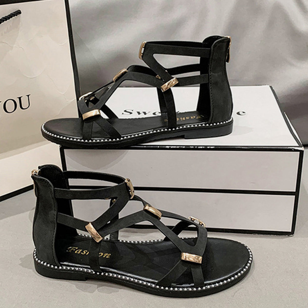 Open Toe Back Zipper Flat Sandals - All Mine Now Clothing