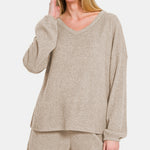 Zenana V-Neck Long Sleeve Ribbed Top and Shorts Set - All Mine Now Clothing