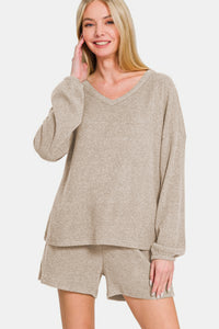 Zenana V-Neck Long Sleeve Ribbed Top and Shorts Set - All Mine Now Clothing