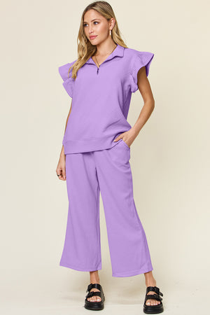 Double Take Texture Ruffle Short Sleeve Top and Drawstring Wide Leg Pants Set - All Mine Now Clothing