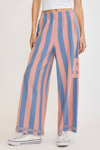 Umgee Peace Sign Patch Striped Wide Leg Pants - All Mine Now Clothing