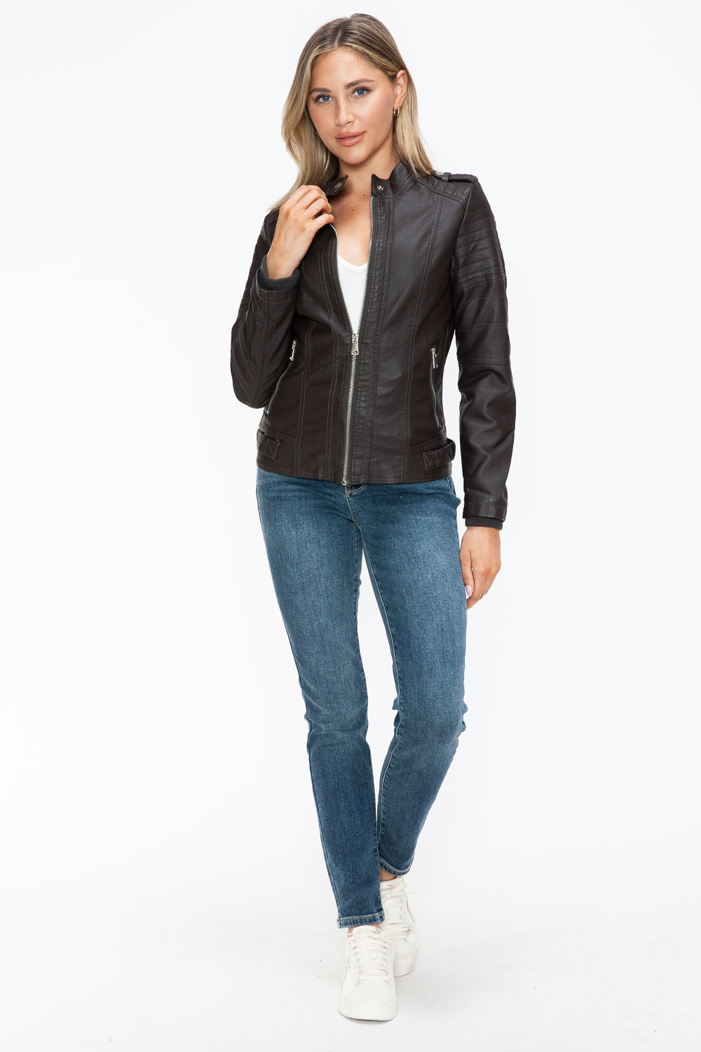 Snobbish PU Leather Biker Jacket with Side Zip Pockets - All Mine Now Clothing