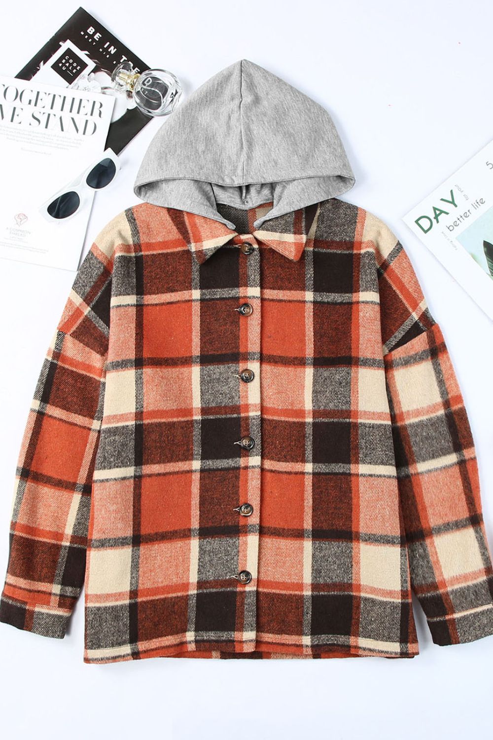 Plaid Button Up Hooded Shacket - All Mine Now Clothing