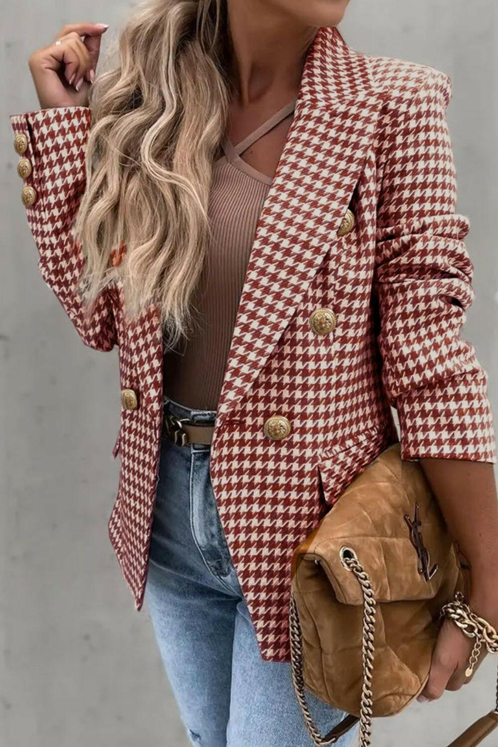 Houndstooth Collared Neck Double-Breasted Blazer Trendsi