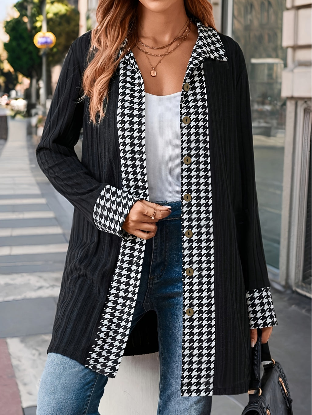 Houndstooth Button Up Long Sleeve Cardigan - All Mine Now Clothing