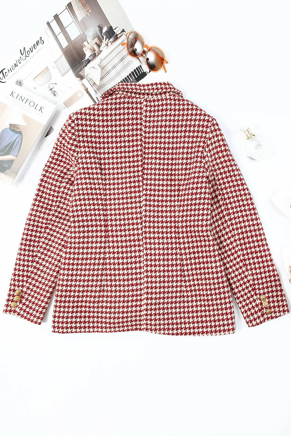 Houndstooth Collared Neck Double-Breasted Blazer Trendsi