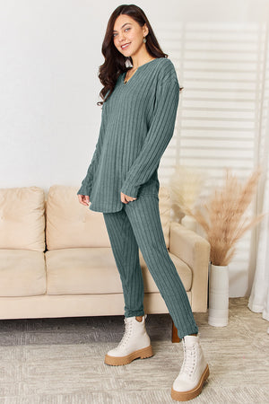 Basic Bae Full Size Notched Long Sleeve Top and Pants Set - All Mine Now Clothing