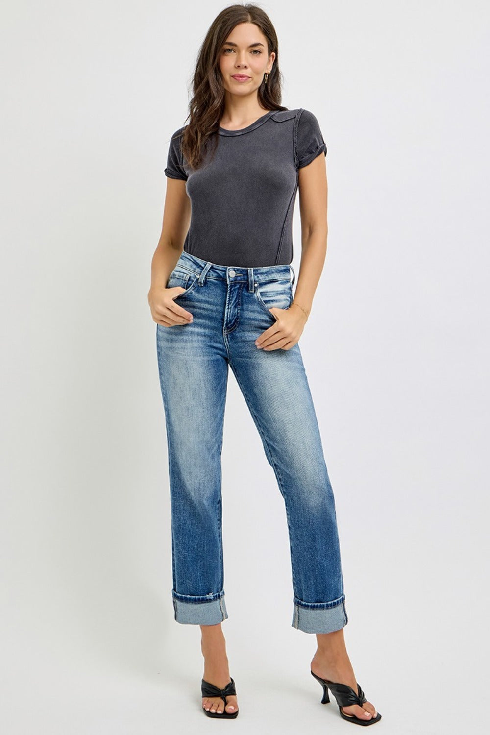 RISEN Full Size High Rise Crop Straight Roll Up Jeans Trendsi