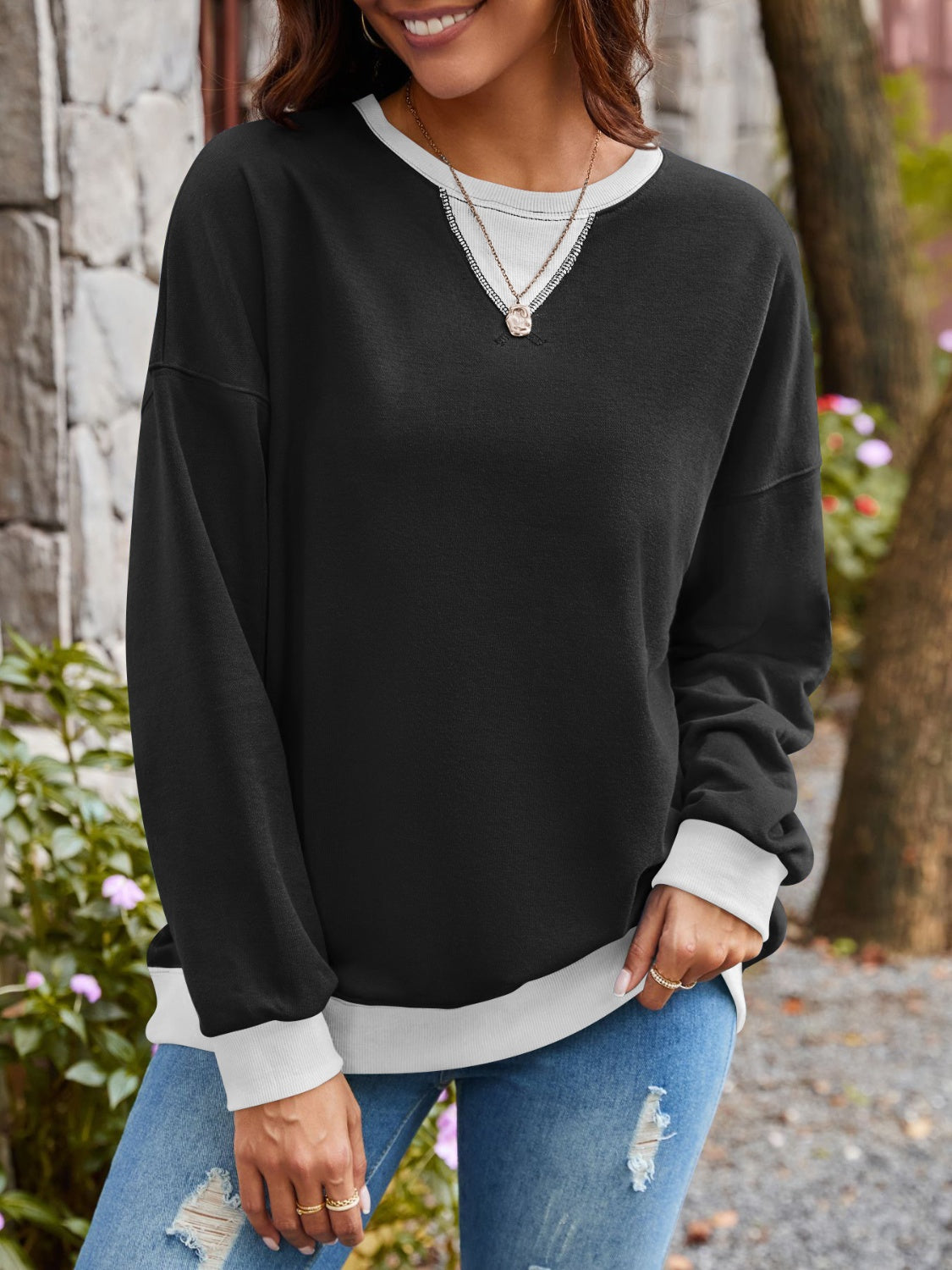 Lovelet Contrast Round Neck Long Sleeve Sweatshirt - All Mine Now Clothing