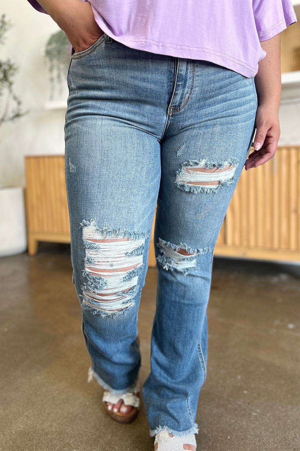 Judy Blue Full Size Distressed Raw Hem Bootcut Jeans - All Mine Now Clothing