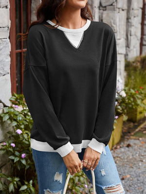 Lovelet Contrast Round Neck Long Sleeve Sweatshirt - All Mine Now Clothing