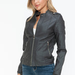 Snobbish PU Leather Biker Jacket with Side Zip Pockets - All Mine Now Clothing