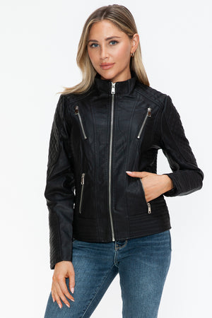 Snobbish Faux Leather Zip Up Mock Neck Jacket - All Mine Now Clothing