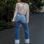 Stepped Waist Raw Hem Rolled Straight Jeans - All Mine Now Clothing