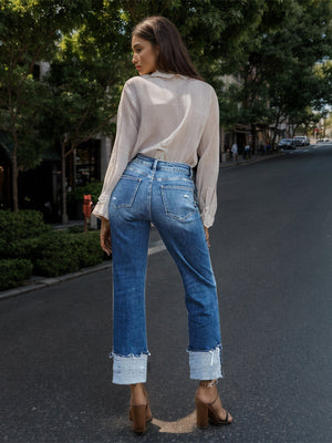 Stepped Waist Raw Hem Rolled Straight Jeans - All Mine Now Clothing