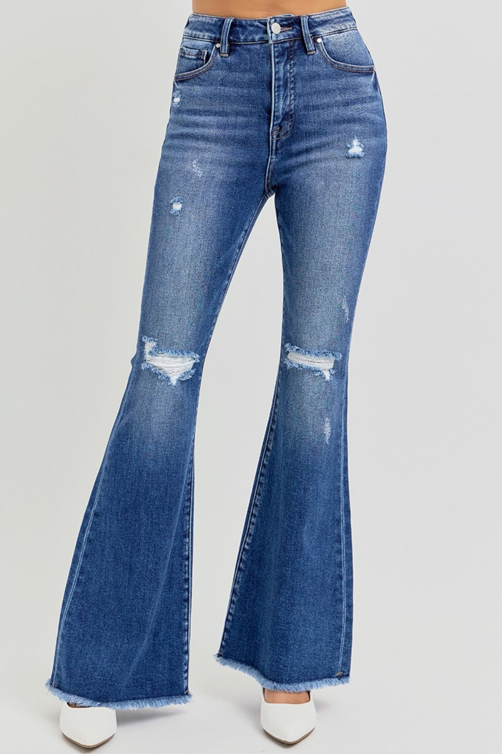 RISEN Full Size High Rise Distressed Raw Hem Flare Jeans Trendsi