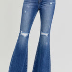 RISEN Full Size High Rise Distressed Raw Hem Flare Jeans Trendsi