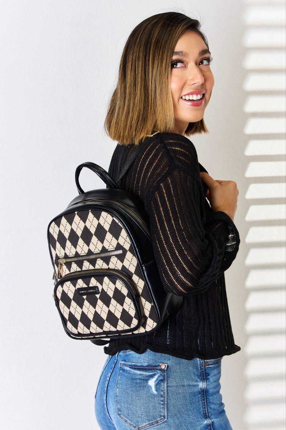 David Jones Argyle Pattern PU Leather Backpack - All Mine Now Clothing