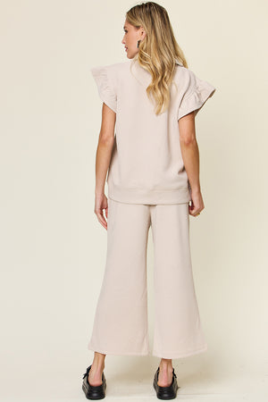 Double Take Texture Ruffle Short Sleeve Top and Drawstring Wide Leg Pants Set - All Mine Now Clothing