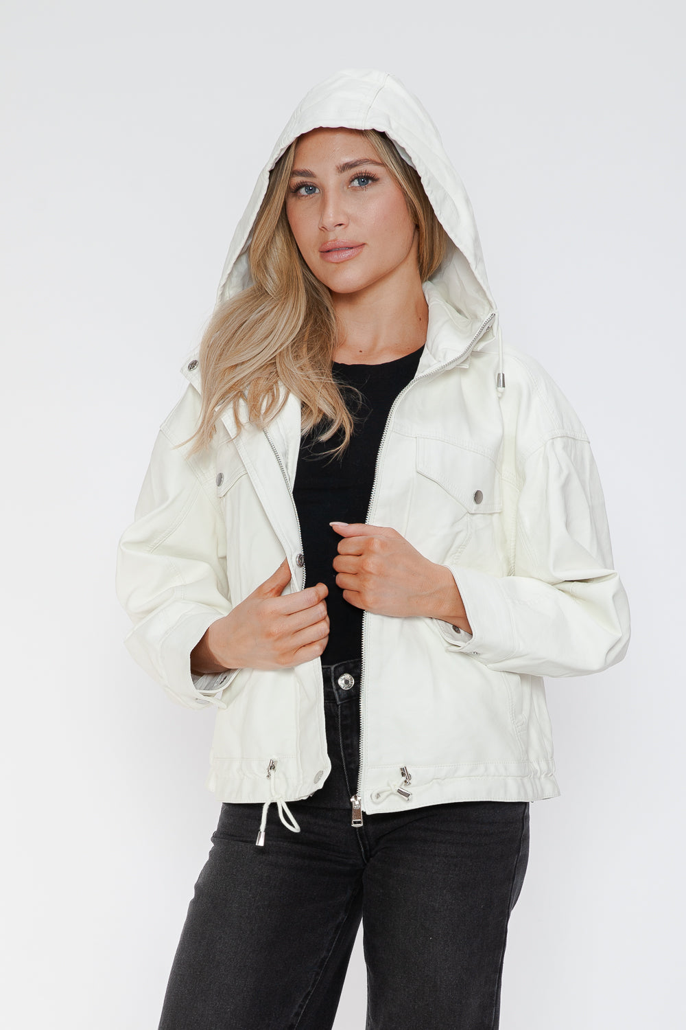 How Dare U Drawstring Hem PU Leather Zip Up Jacket - All Mine Now Clothing