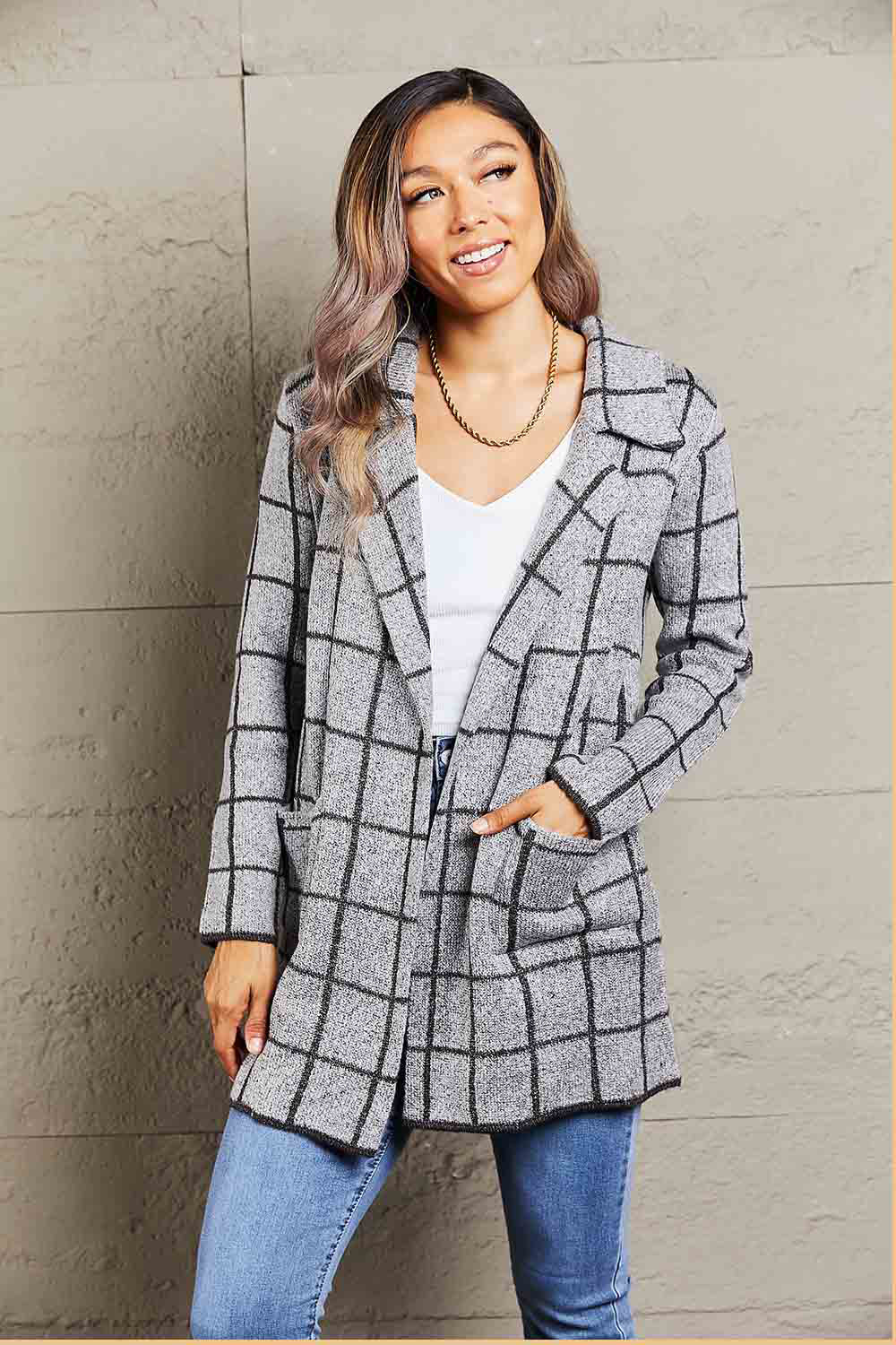 Printed Open Front Lapel Collar Cardigan with Pockets - All Mine Now Clothing