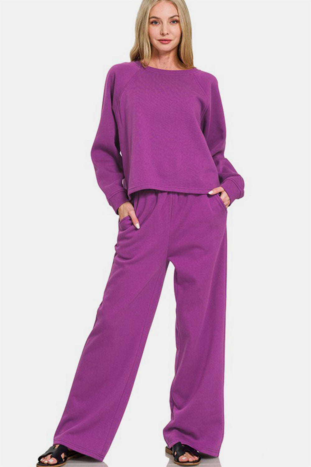 Zenana Round Neck Raglan Sleeve Top and Elastic Waist Pants Set - All Mine Now Clothing