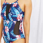 Floral Crisscross Spliced Mesh One-Piece Swimsuit - All Mine Now Clothing