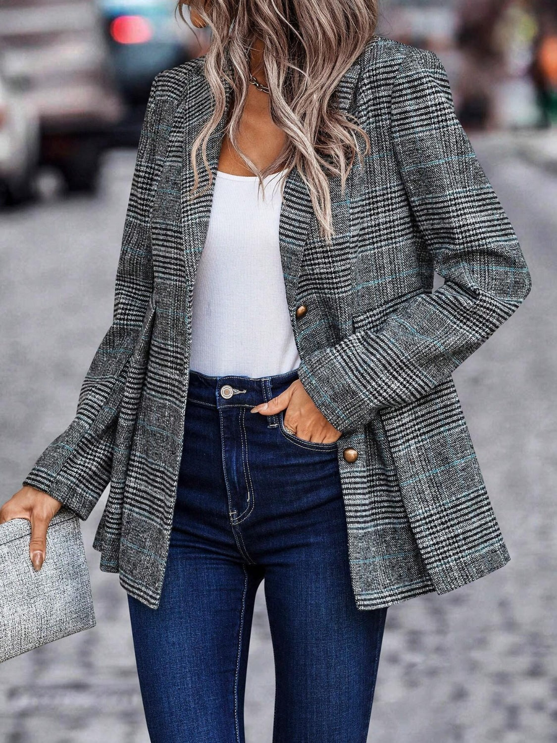 Plaid Button Up Blazer with Lapel Collar Trendsi