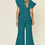 Double Take Texture Ruffle Short Sleeve Top and Drawstring Wide Leg Pants Set - All Mine Now Clothing