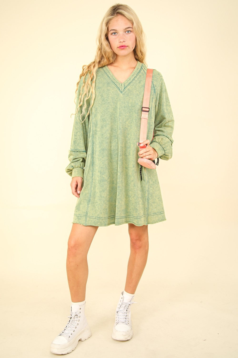 VERY J Mineral Washed Oversized A-Line Mini Dress Trendsi