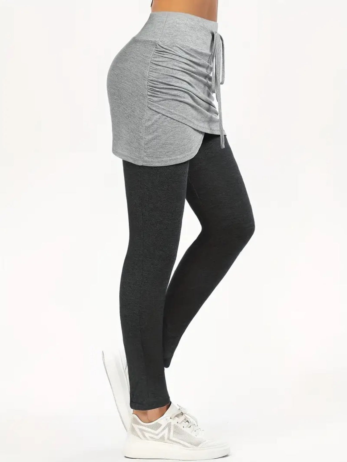 Drawstring Fake Two Pieces Active Leggings with Ruched Skirt - All Mine Now Clothing